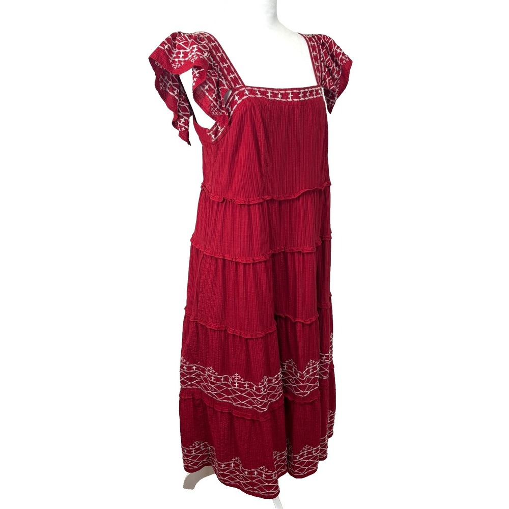 Knox Rose Womens Red Embroidered‎ Tiered Midi Dress Sz M Prairie Boho Cottage - Picture 4 of 10